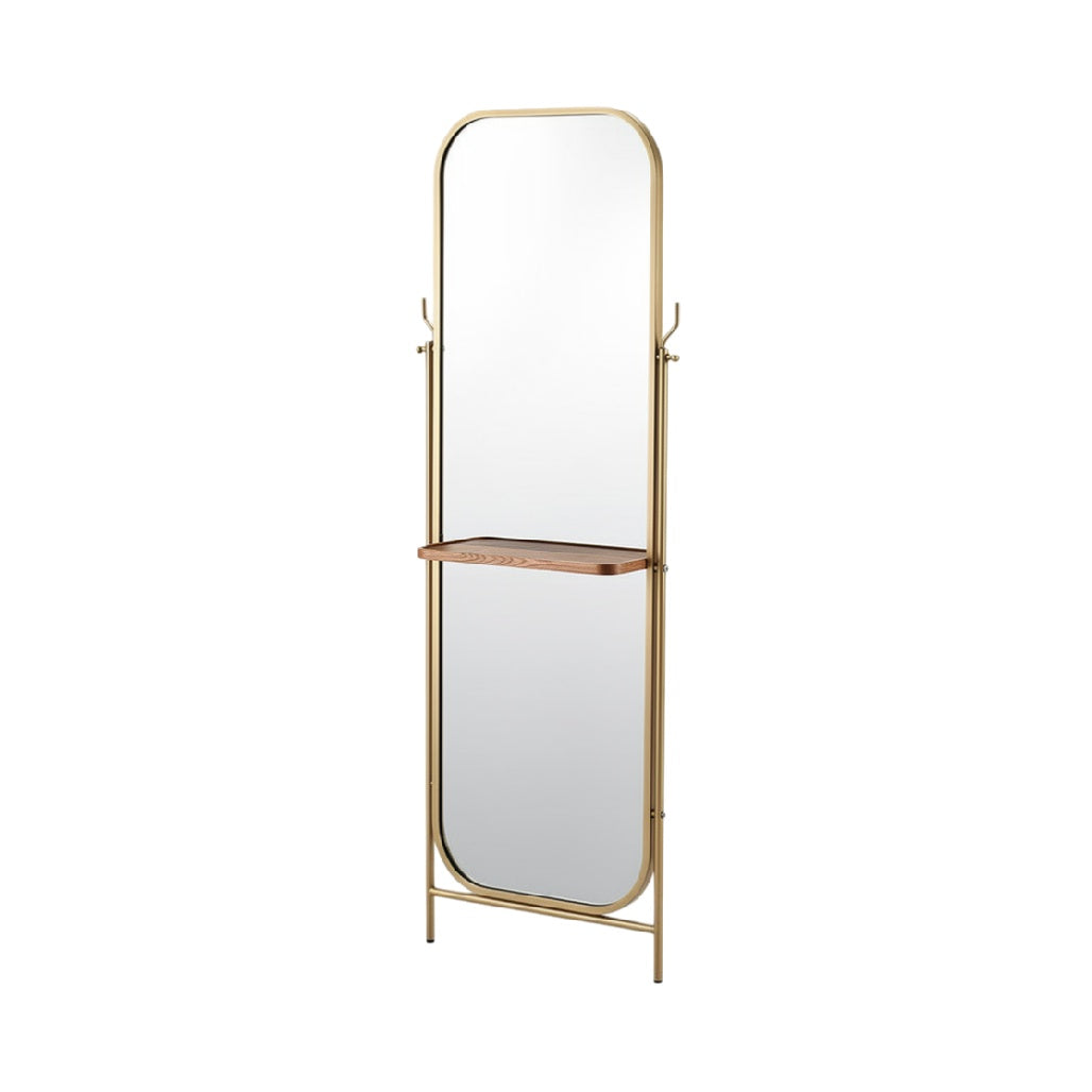 Elegant Freestanding Mirror with Wooden Shelf and Gold Frame